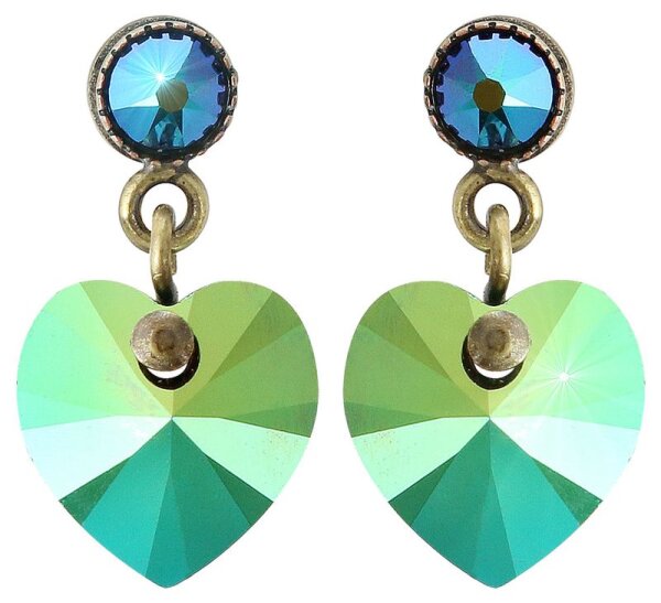 Konplott - Hearts for Us - blue, green, antique brass, earring stud dangling