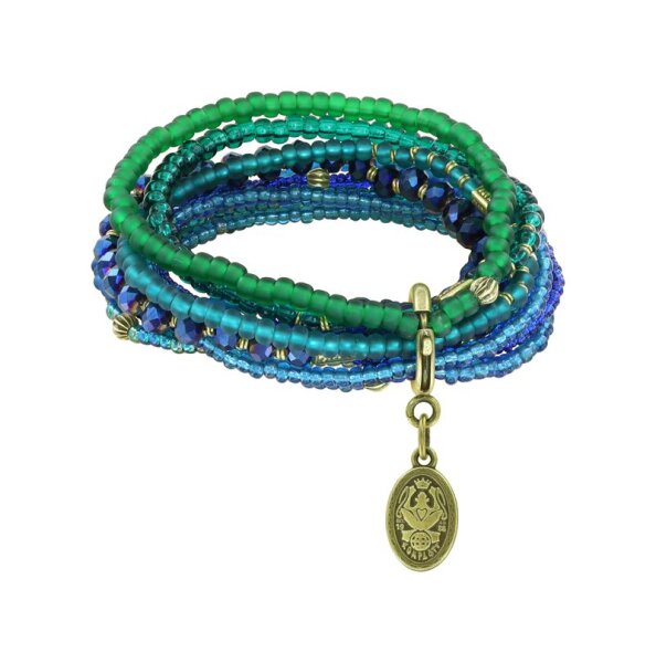 Konplott - Petit Glamour dAfrique - Blau, Grün, Antikmessing, Armband auf Gummiband