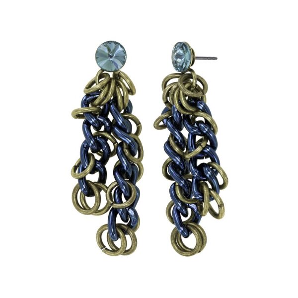 Konplott - Unchained - metallisch Blau, Antikmessing, Ohrringe mit Stecker und Hängelement