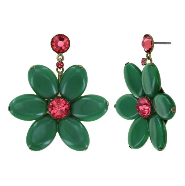 Konplott - Daisy Dance - dark green/pink, antique brass, earring stud dangling