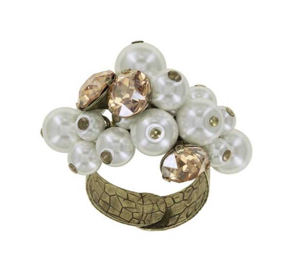 Konplott - Spikes and Pearls - beige/white, antique brass, ring